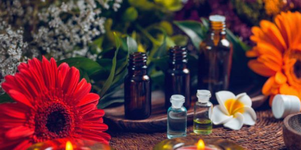 Aromatherapy composition with brown and transparent aromatherapy bottles filled with blue and green essential oils, colorful red and orange flowers, red candles and small white flowers dcor background. Aromatherapy relax concept.